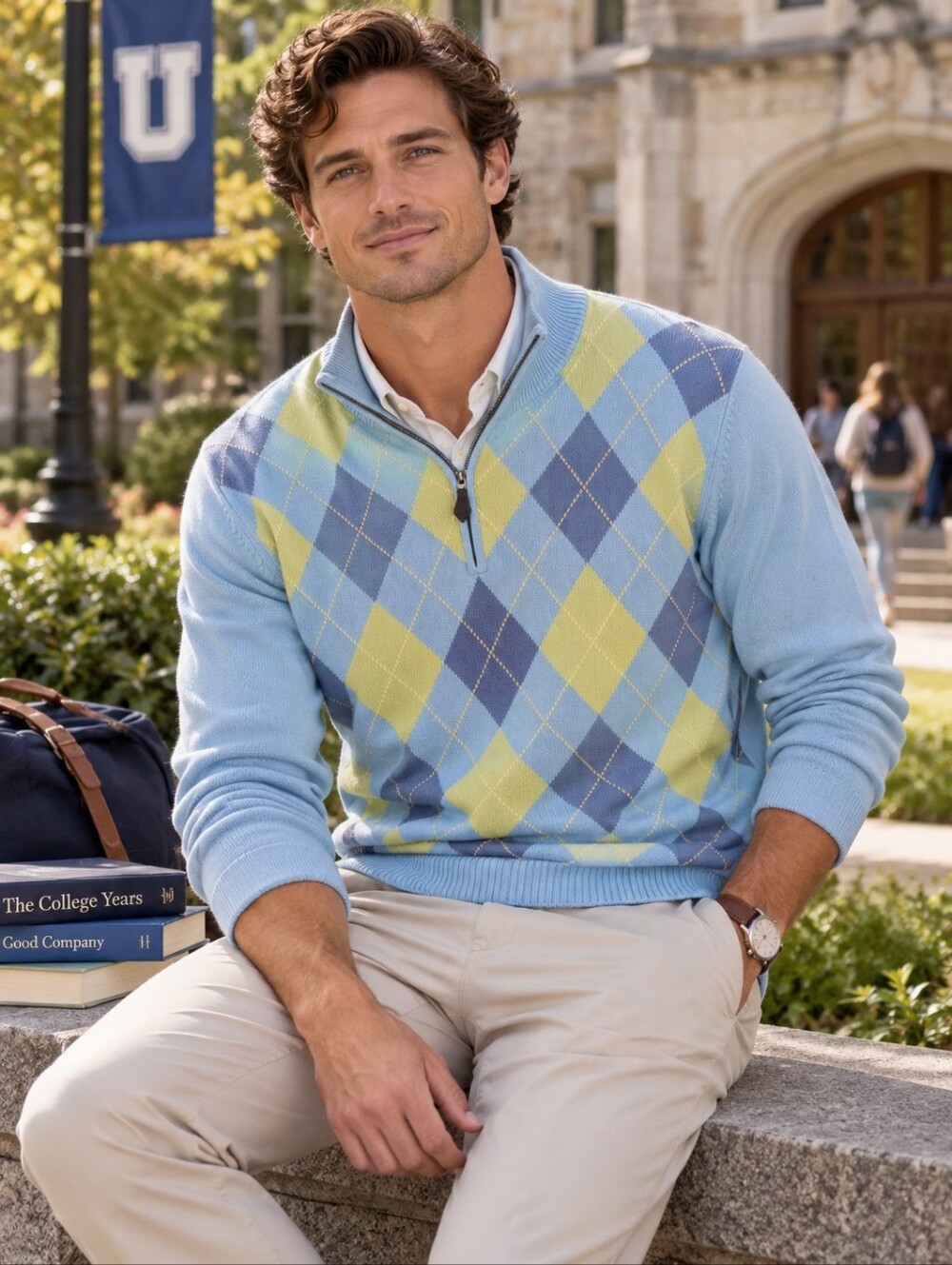 Vintage Brooks Brothers Light Blue and Yellow Argyle Half-Zip Sweater Cotton 346